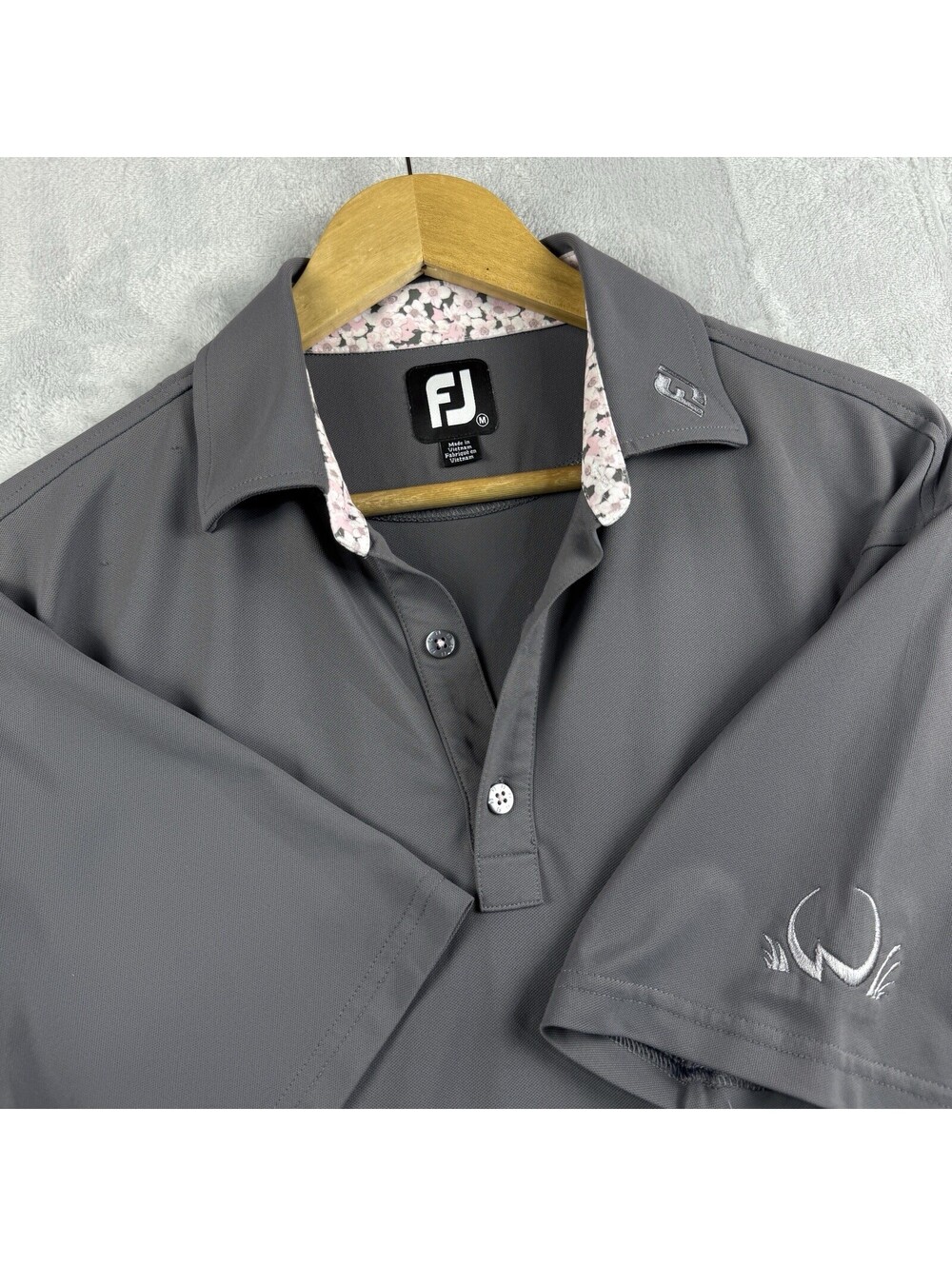 FootJoy FJ Golf Polo Shirt Gray Floral Trim Performance Stretch MenM Casual Prep